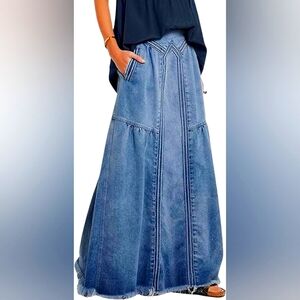 Gypsy Boho Light Blue Denim Maxi Skirt